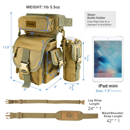 Jueachy Drop Leg Bag for Men Tactical Metal Detecting Thigh Pack with Water Bottle Pouch - color: Tan