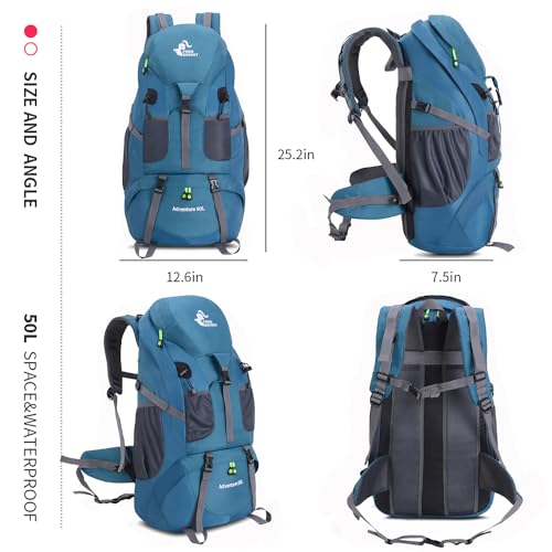 Bseash 50L Hiking Backpack, Water Resistant Lightweight Outdoor Sport Daypack Travel Bag for Camping Climbing Skiing Cycling (Blue Green - With Shoe Compartment) - color: Blue Green - With Shoe Compartment