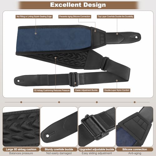 Guitar Straps for Electric Guitar Bass, Smooth Guitar Strap, 3" Wide Padded Straps with 3D Sponge Filling, Comes with 4 Picks + 2 Strap Locks + 1 Headstock Tie + 1 Tie Rope, Dark Blue - color: Smooth Deep Blue