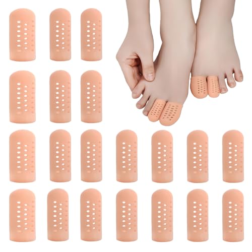 Gel Finger Cots 20 Pcs with Air Holes, Silicone Finger Protectors & Thumb Guards for Wounds, Cracking, Arthritis & Trigger Finger Pain Relief, Reusable Finger Covers & Sleeves in Nude