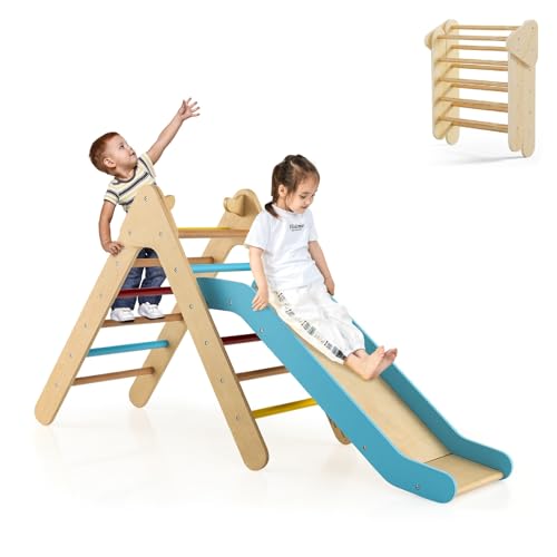 OLAKIDS Pikler Triangle Set 2 in 1 Climbing Toys for Toddlers Foldable Wood Montessori Baby Jungle Gym with Ladder Ramp Slide Kids Indoor Playground Activity Play Structure - color: Rainbow