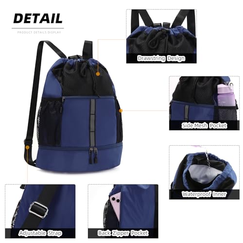 Valleycomfy Drawstring Gym Bag Sports Backpack With Shoe Compartment | Reflective Strips Top Handle Dark Blue - color: Dark Blue
