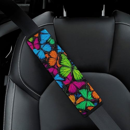 2 Piece Vibrant Rainbow Butterflies Car Seat Belt Pad Breathable Seat Belt Cushion for Child, Stroller Pushchair High Chair, Easy Install (No Tool) - color: Pattern 597