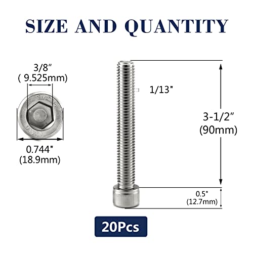 1/2-13 x 3-1/2" Socket Head Cap Screws Bolts, 20Pcs 304 Stainless Steel 18-8, Allen Socket Hex Drive, Full Thread, Bright Finish by SG TZH(with Hex Spanner) - size: 1/2-13 x 3-1/2"