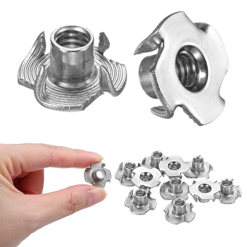 M METERXITY 10-Pack 1/4-UNC T-nut, 6/16" Barrel Length Stainless Steel 4-Pronged Tee Nut Threaded Insert for Wood/Rock Climbing Holds/Furniture, Corrosion Resistant Fasteners - size: 1/4-UNC