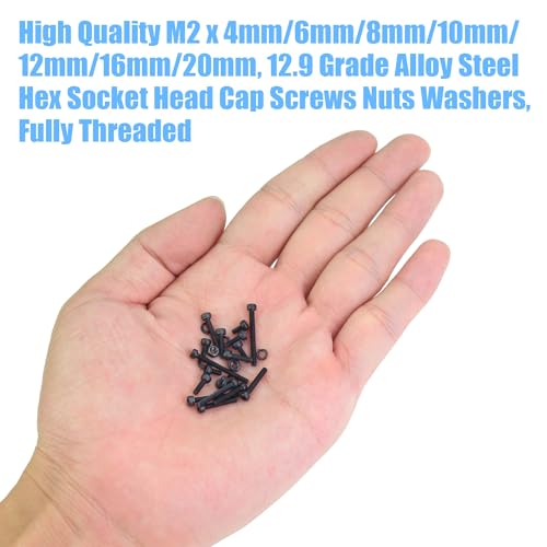 DYWISHKEY 566 Pieces M2 Black Screws, 12.9 Grade Alloy Steel M2x 4/6 /8/10 /12/16 /20mm Hex Socket Head Cap Screws Bolts Nuts Washers Assortment Kit - size: M2, style: Socket Head