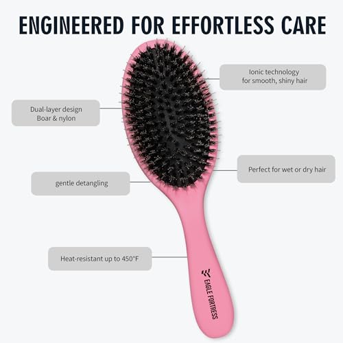 EAGLE FORTRESS Boar Bristle Hair Brush for Women, Men & Kids, Detangling Hair Brush with Polished Nylon Pins for Fine, Thin, Wet & Dry Hair, Hair Extensions, Smooth & Shine – Rose - color: Rose