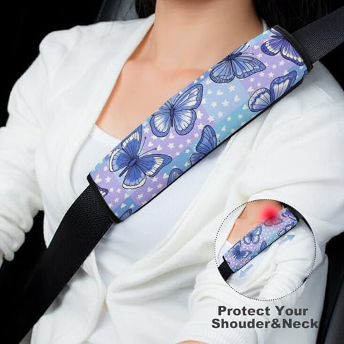 1 Pair Universal Fit Seat Belt Cover for Elderly Support, Most Cars, Blue Butterfly Plaid Seat Belt Cushion, Neck and Shoulder Support - color: Pattern 302