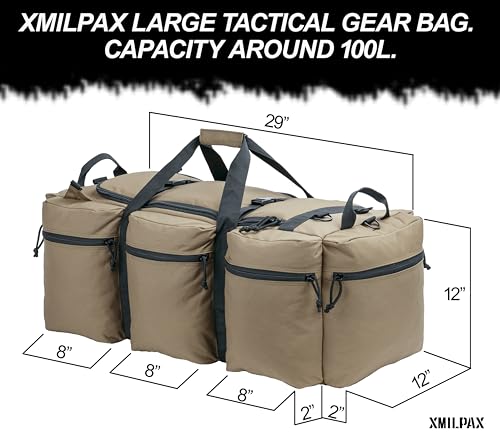 100L Large Military Duffle Bag Deployment Duffel Bag Sports Equipment Travel Luggage Bag with Detachable Backpack Straps… - color: Tan+Black