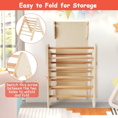 HONEY JOY 5 in 1 Wooden Climbing Toys for Toddlers, Triangle Climber with Ramp for Sliding or Climbing, Indoor Beech Montessori Triangle Climbing Arch Set for Daycare, Gym & Playground, Natural - style: 5 In 1