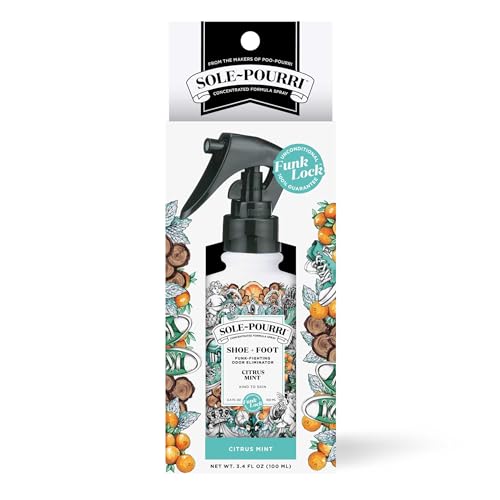 Sole-Pourri Shoe Deodorizer + Foot Spray,3.4 Fl Oz,Up to 150 Uses,Funk-Fighting Odor Freshener with Essential Oils,for Smelly Shoes,Feet & Gym Bags,Citrus & Mint Scent,(Pack of 2) - size: 1 Ounce (Pack of 2), style: Citrus Mint