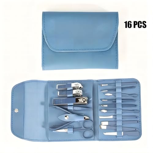 16PCS Professional Manicure & Pedicure Set Stainless Steel Nail Care Kit Travel Manicure Kit, Blue - color: Blue