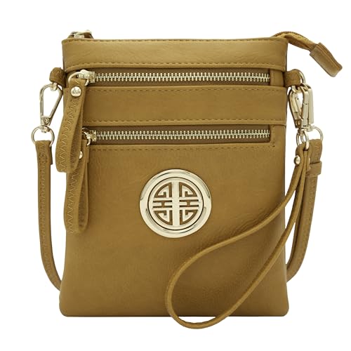 Solene Small Multi Zipper Pockets Crossbody Bag with Detachable Wristlet - color: Mustard