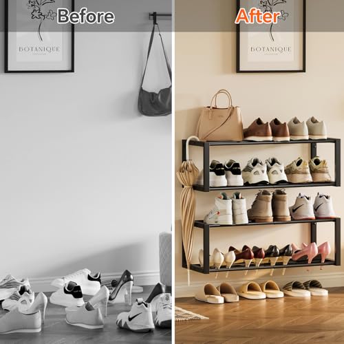 Homeiju Hanging Shoe Organizer,2 Pack Wall Mounted Shoe Rack Holds 12 Pairs,Space Saving Metal Wall Shoe Rack,Hanging Shoe Rack Shoe Holder for Small Space,Entryway,Closet,RV,Camper（Black - color: Black