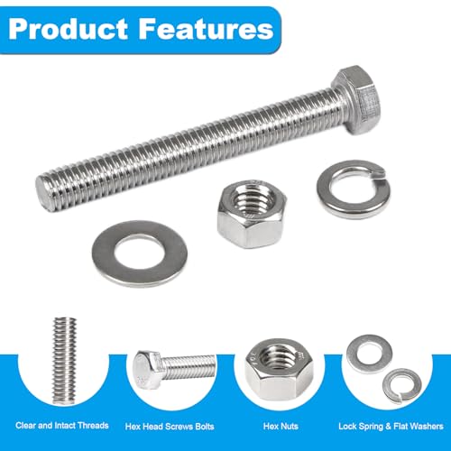 MroMax 20 Sets 1/4-20 x 1 Hex Head Screw Bolt, Nuts, Flat Washer & Spring Lock Washers Kits,Fully Threaded, Stainless Steel 18-8（304）, Bright Finish - size: 1/4-20 x 1" (20 Sets)