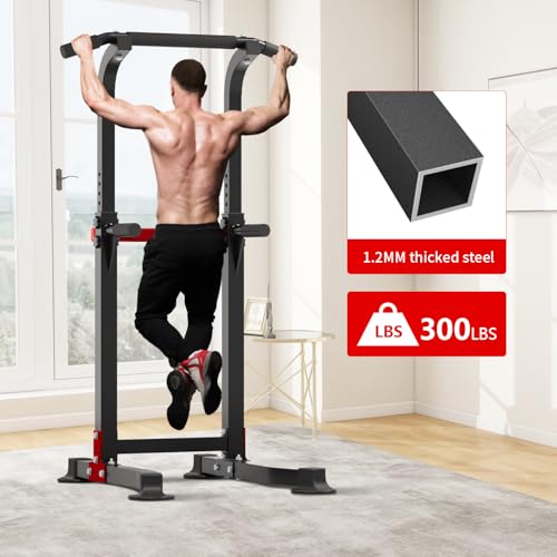 ZENOVA Pull Up Bar Dip Bar Squat Rack Workout Dip Station Height Adjustable Free Standing Chin Up Bar - color: Black&Red