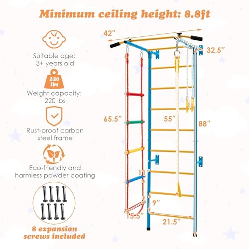 HONEY JOY Climbing Toys for Toddlers, Upgrade Metal Indoor Kids Gym for Solid Wall, Playground and Climbing Exercise Set with Rope Ladder, Pull-up Bar, Monkey Bars, Gymnastic Rings (5 in 1) - size: 5 In 1
