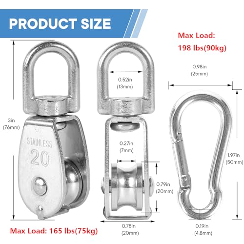 2X 304 Stainless Steel M20 Single Swivel Rope Pulley Blocks with Snap Hooks | 360° anti-twist swivel pulley. For lifting, towing & hanging wire rope on crane/outdoor. Has spring snap hooks for fast fit - size: M20-2pcs