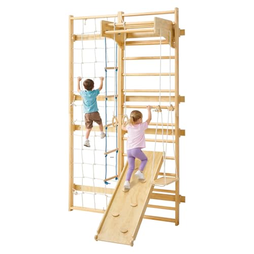 VEVOR Swedish Ladder Wall Gym, 8-in-1 12-Level Solid Wood Gymnastic Stall Bars for Kids Adults, 220LBS Indoor Jungle Gym Playset with Climbing Board, Gym Rings, Pull-Up Bar, Wall Ladder, Slide, Swing - style: 12-Level 8-in-1