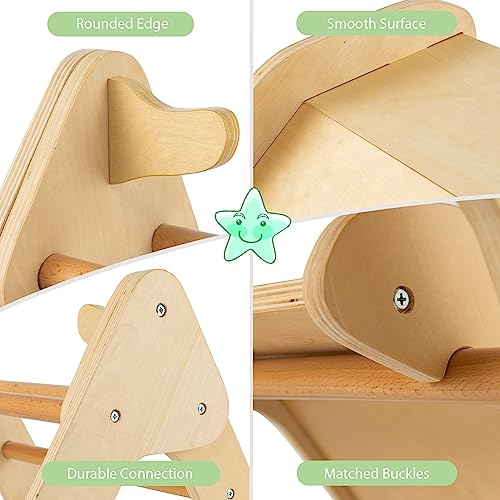OLAKIDS Pikler Triangle Set 2 in 1 Climbing Toys for Toddlers Foldable Wood Montessori Baby Jungle Gym with Ladder Ramp Slide Kids Indoor Playground Activity Play Structure - color: Natural