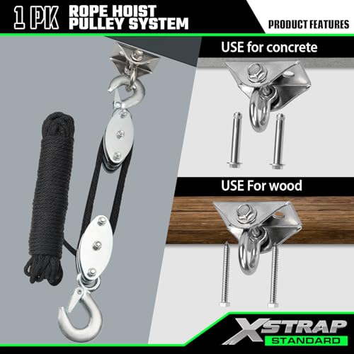 XSTRAP STANDARD Rope Hoist Pulley System, 1000LB Capacity Block and Tackle, 5:1 Lifting Power 50ft Heavy Duty Pulley Block for Hunting Lifting Objects with Work Gloves, 2pcs Soft Loops, 1 Swing Hanger - color: 50 Ft+Silver Black+1 Swing Hanger