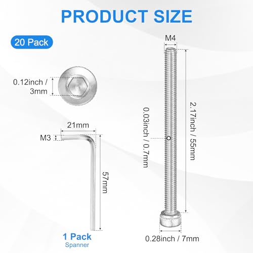 M METERXITY 20-Pack M4 x 55mm Socket Head Cap Screws, 304 Stainless Steel Hex Machine Bolts, Allen Socket Drive Screw with Hex Wrench for Repair/DIY, Fully Threaded Fasteners Kit [Silver] - size: M4 x 55mm