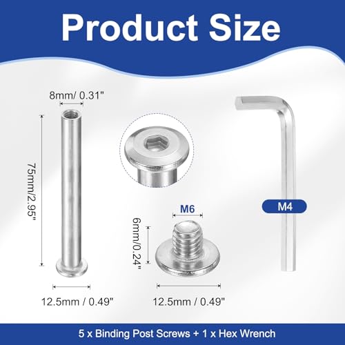 PATIKIL M6x6mm Hex Chicago Screws 8x75mm, 5Pcs 304 Stainless Steel Metric Hex Drive Socket Cap Binding Post Screw Posts for Scrapbook Leather Belt Album Furniture Repair, Silver - size: M6x6mm, 8x75mm