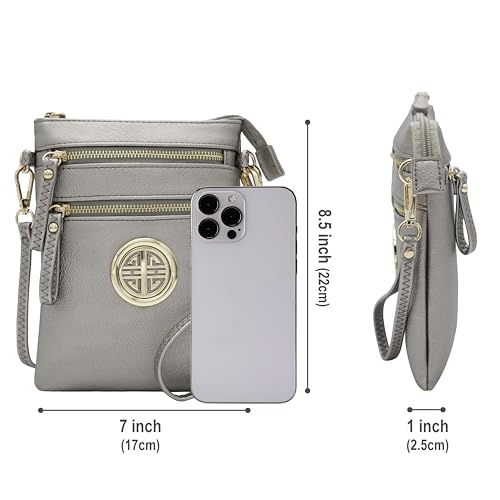 Solene Small Multi Zipper Pockets Crossbody Bag with Detachable Wristlet - color: Light Pewter