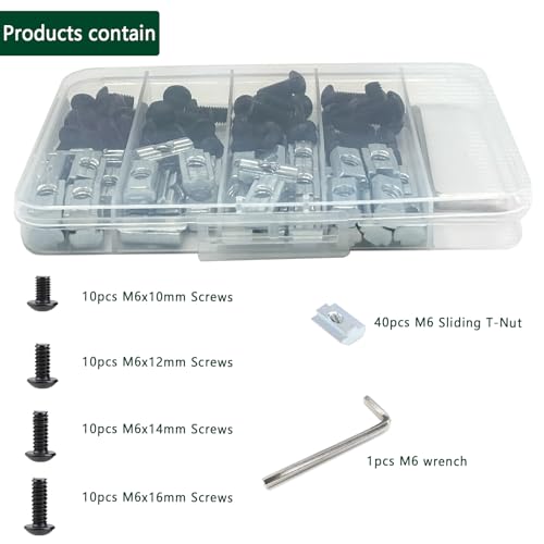 80 pcs M6 T Nut Screws Kit for 1010 1020 Aluminum Extrusion, 40 pcs Black M6x10/12/14/16mm Hexagon Socket Screws and 40 pcs M5 Sliding T-Nuts with 1 pcs M6 Hex Wrench - style: 80pcs 10 Series Screws Kit Black