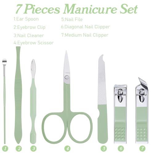 7 Pcs Manicure Set, Travel Nail Clippers with Green Leather Bag, Professional Carbon Steel Travels Nail Care Clippers, 7 in 1 Portable Travel Grooming Kit for Women Men (Green)