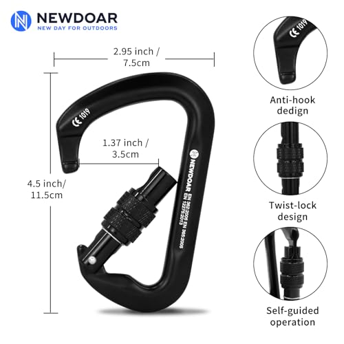 NewDoar CE Certified 30kN-6744lbs Climbing Carabiner Professional, Heavy Duty D Screwgate Clip, for Climbing,Rappelling,Hunting, Rescue - color: Screwgate/Black/5pcs