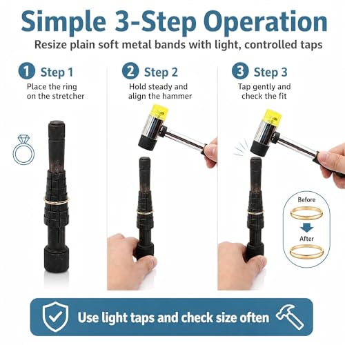 Ring Stretcher Finger Wedding Band Sizers- Dual Head Plastic and Rubber Hammer Metal Mallet for Jewelers
