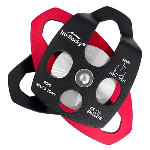 Double Sheave Pulley 32 kN CE Certified Rescue Climbing Gear with Swing Plate for Progress Capture System Rigging Hauling Arborist Tree - Black - color: Double Pulley - Black