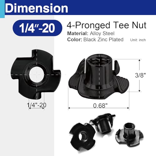 100PCS 1/4"-20 T Nuts for Wood, Carbon Steel 4-Prong Tee Nuts | Threaded inserts for wood panels, furniture and climbing wall holds - color: 100 Pack 1/4"-20