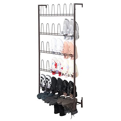 MyGift 5-Tier Wall Mounted Dark Brown Metal 18 Pair Boot and Shoe Storage Rack Organizer Stand - color: Brown (5 Tier, 18 Pairs)