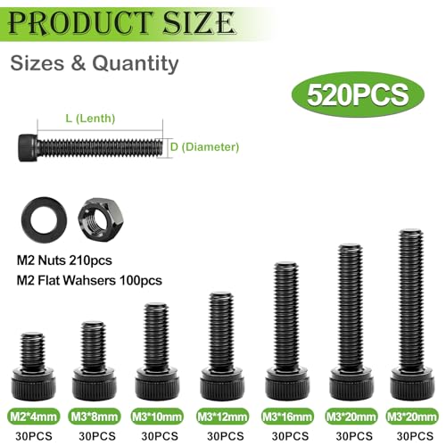mxuteuk M2 Screws Assortment,M2 x 4/6/8/10/12/16/20mm Hex Socket Head Cap Screws Bolts Nuts Kit, 520PCS 12.9 Grade Alloy Steel Assorted Screws Small Metric Screws Suitable for 3D Printer DIY - size: 520PCS M2, style: Hex Socket Head