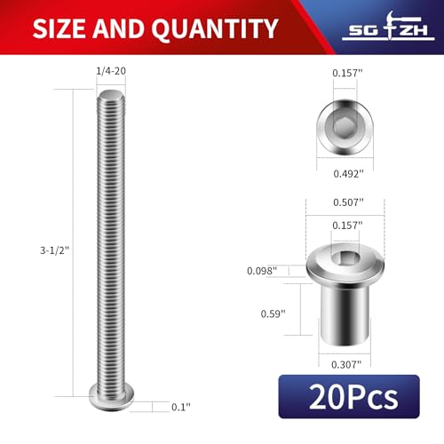 1/4-20 x 3-1/2" 20Pcs Flat Head Hex Socket Cap Screws Bolts Barrel Nuts Kit, 304 Stainless Steel 18-8, Full Thread by SG TZH (with Hex Spanner) - color: Silver, size: 1/4-20 x 3-1/2"