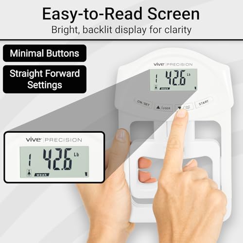 Vive Precision Grip Strength Tester - Hand Grip Dynamometer - Handheld | Digital Grip Measurement Meter Device Trainer Power 198 Lbs / 90 Kgs - Strengthener Exerciser for Sports, School and Home Use