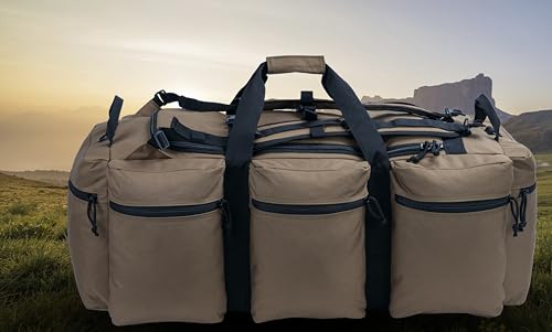 100L Large Military Duffle Bag Deployment Duffel Bag Sports Equipment Travel Luggage Bag with Detachable Backpack Straps… - color: Tan+Black