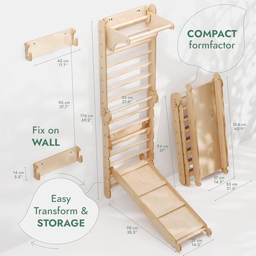 6-in-1 Indoor Playground for Kids – Wooden Swedish Wall, Climbing Ladder, Slide, Swing, Gymnastics Rings, Rock Climbing Wall – Jungle Gym Play Set for Ages 2-12 - size: Swedish Wall
