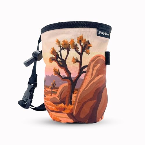 Rock Climbing Chalk Bag | for Outdoor, Gym, & Bouldering | Adjustable Waist Belt, Durable Drawstring Closure, & Zippered Pocket - style: Joshua Tree
