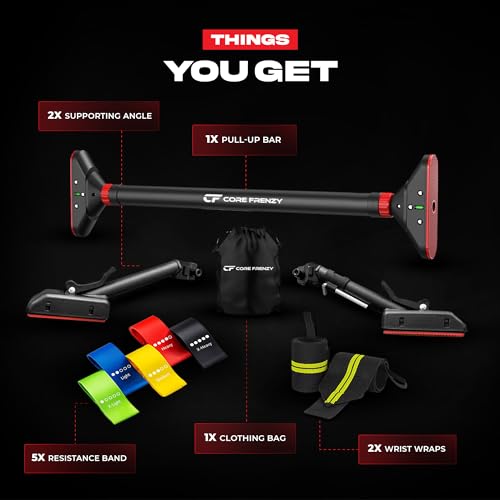 Doorway Pull Up Bar, No Screws or Drilling, Holds 880 lb, Chin Up Bar with 5 Resistance Bands, 2 Wrist Wraps and Carry Bag, 4-Point Locking, Adjustable Width Home Gym Bar for Upper Body Workout