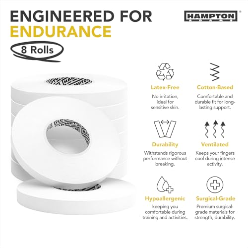 Hampton Adams Pro Finger Tape, Non Slip Grip for BJJ & Climbing | 8 Pack Rolls, No Fray Edges, Super Strong Adhesive, Extended Wear for Bouldering Crossfit Weightlifting & Jiu Jitsu - color: White