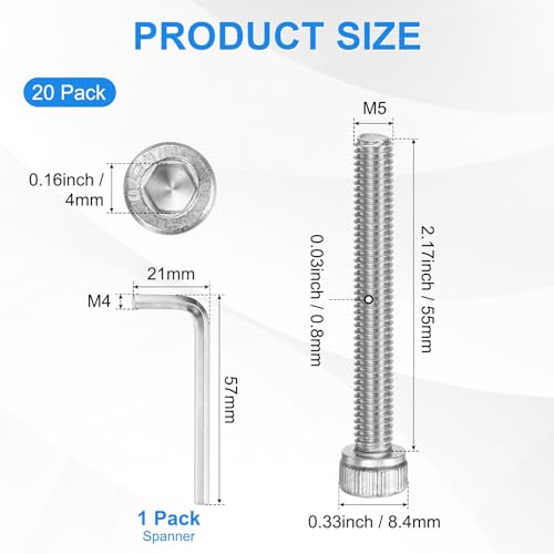 M METERXITY 20-Pack M5 x 55mm Socket Head Cap Screws, 304 Stainless Steel Hex Machine Bolts, Allen Socket Drive Screw with Hex Wrench for Repair/DIY, Fully Threaded Fasteners Kit [Silver] - size: M5 x 55mm
