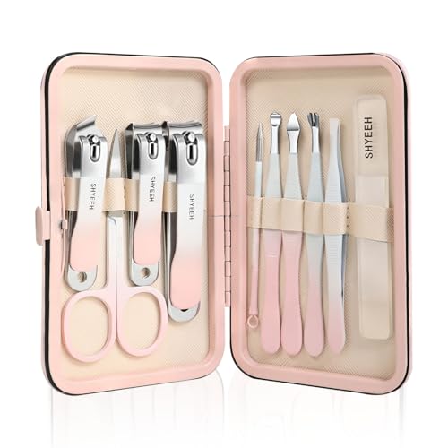 Manicure Set, 10 pcs High-Carbon Steel Nail Clippers Set, Portable Mini Manicure and Pedicure Kit, Travel Grooming Nail Kit with Leather Bag for Men and Women - color: Pink