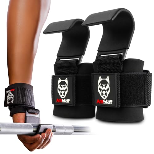 AmStaff Fitness Weight Lifting Hooks (Pair) - Gym Wrist Straps with Steel Hooks for Weightlifting, Pull-Ups, Deadlifts, Strength Training, and Fitness Workouts - Adjustable Neoprene Wrist Support - color: Black