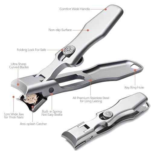 Curved & Slanted Nail Clipper Set, Wide Jaw with Folding Safety Lock, Heavy Duty Stainless Steel Toenail Clippers with File & Ear Pick, Anti-Splash for Thick Ingrown Nails for Seniors, Men - color: Curverd & Slanted Set