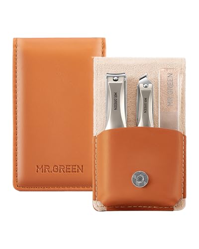 MR.GREEN 3pcs Nail Clippers Set, Anti Splash Excellent Quality Nail Cutter | German Stainless Steel, 2 Nail Clippers+Nano File, Unique Catcher, Exquisite Leather Case, for Men Women Home Travel Gift - color: Luxury Orange Brown