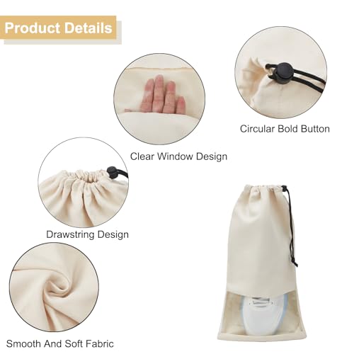 4 Pcs Single Shoe Bags for Travel, Drawstring Shoe Bags with Clear Window | 9.1"x17.7" Fits Most Shoes, Dust Resistant, Washable & Reusable, Travel Shoe Storage Bags for Men & Women - color: Beige