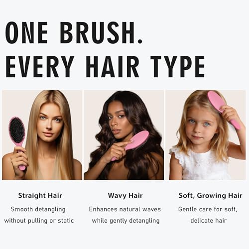 EAGLE FORTRESS Boar Bristle Hair Brush for Women, Men & Kids, Detangling Hair Brush with Polished Nylon Pins for Fine, Thin, Wet & Dry Hair, Hair Extensions, Smooth & Shine – Rose - color: Rose